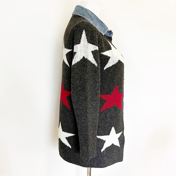 WOOL STAR PRINT CARDIGAN DENIM TRIM OPEN FRONT COLLARED SWEATER COAT GRAY Siz… - Picture 3 of 13